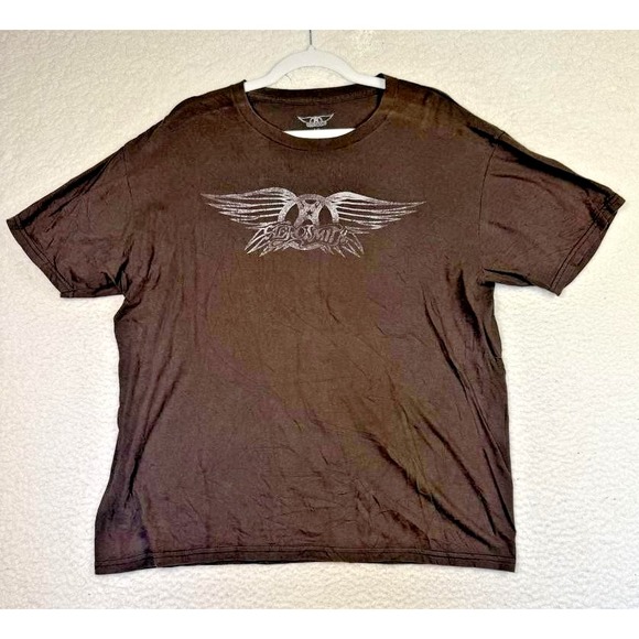 Aerosmith Shirt‎ Mens Large Brown Graphic Band Tee Classic Rock Tour Logo Cotton - Picture 1 of 5